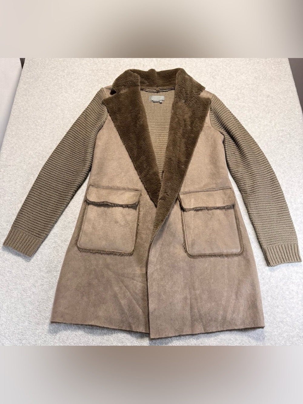 Anthropologie Two-Tone Taupe & Dark-Taupe Teddy Coatigan